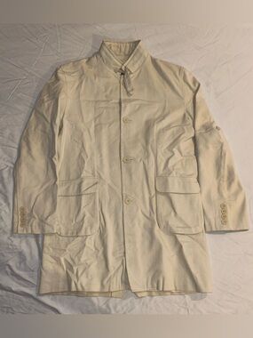 Men's Cream Single-Breasted Trench Coat with Stand Collar